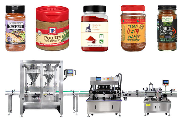 Linee automatiche di etichettatrici per riempimento di contenitori in polvere per spezie